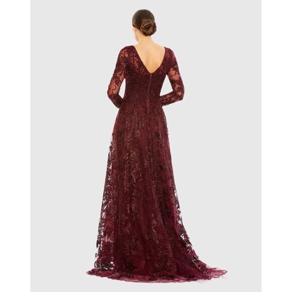 Mac Duggal Size 14 Burgundy 20409 Embellished Illusion Long Sleeve V Neck Gown - Picture 2 of 10